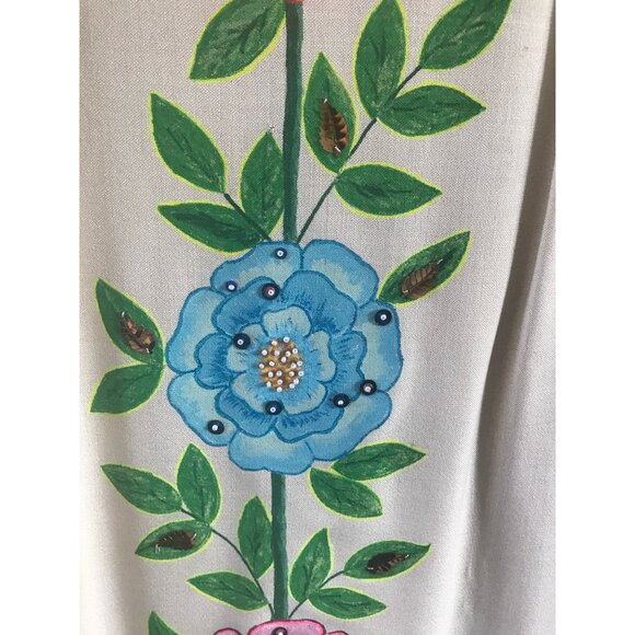 Vtg Orange Blue Pink Floral Beige Dress Sleeveless Sheath White Pearl Beads - Picture 3 of 10